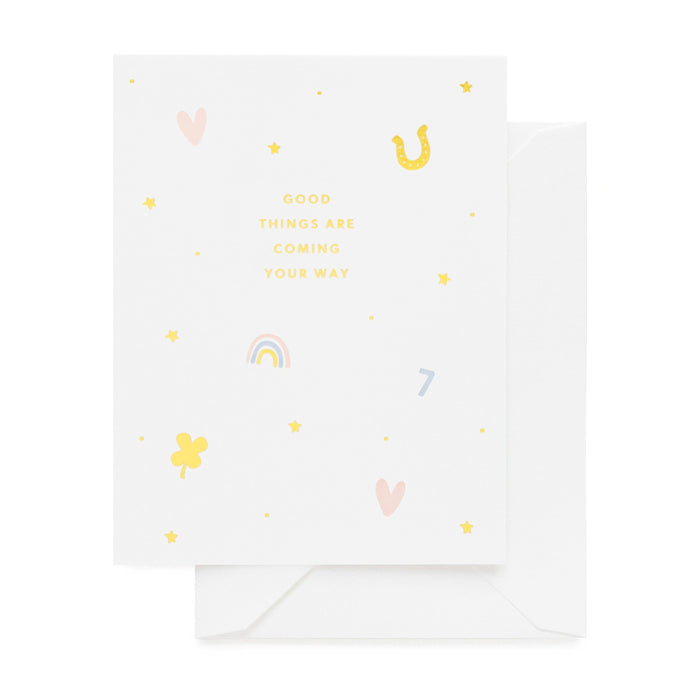 Greeting card with 'Good things are coming your way' text and decorative elements on a white background