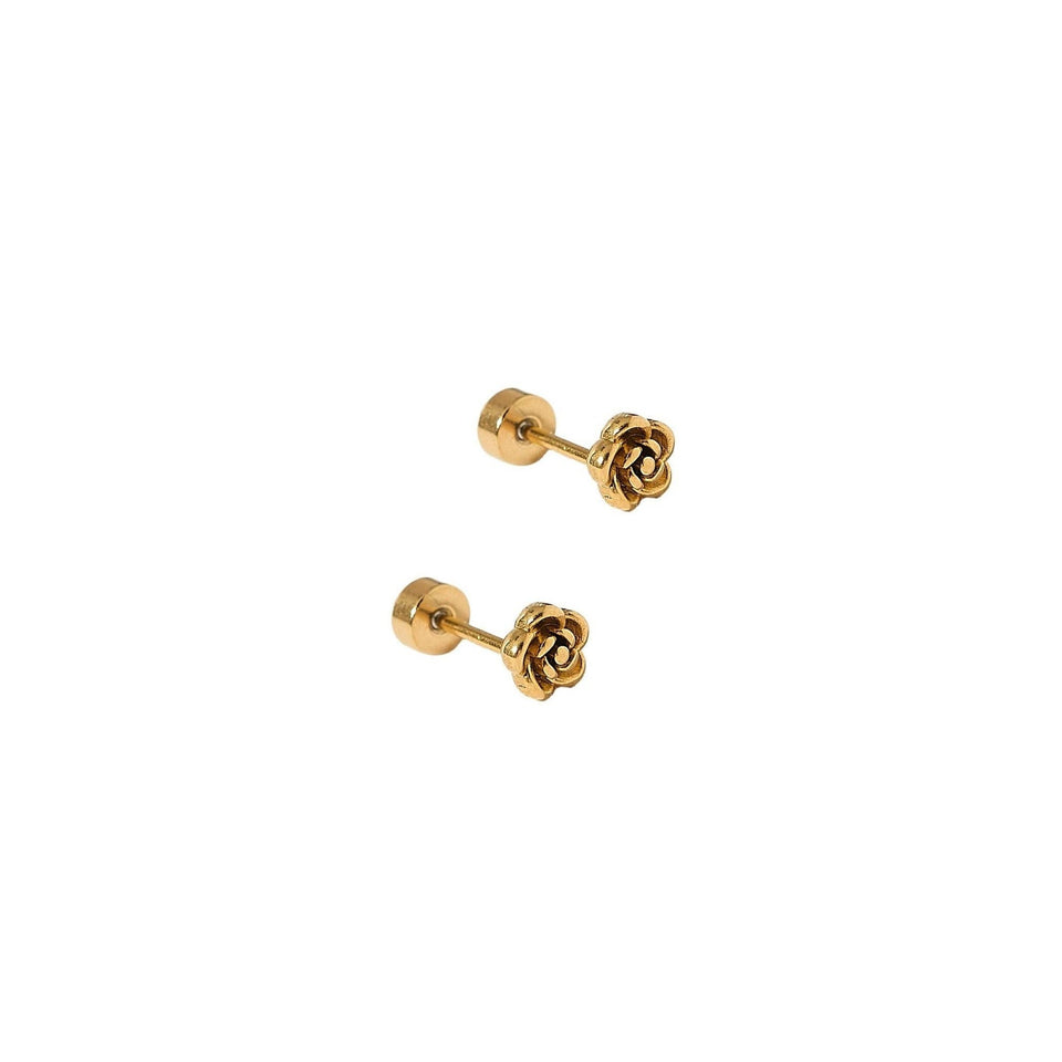 Gold rose stud earrings with screw back closure on white background