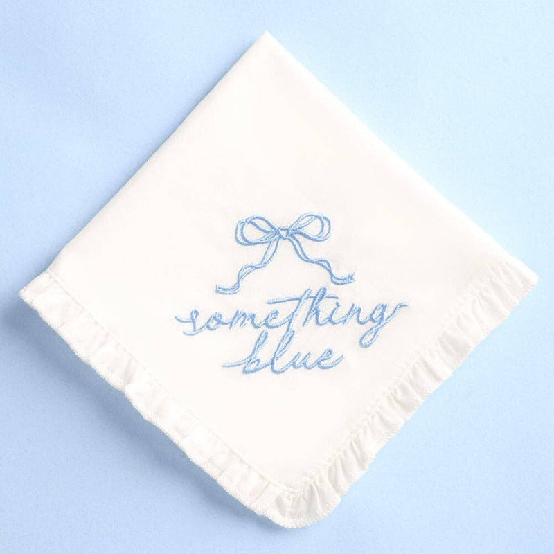 Something Blue embroidered handkerchief with blue bow design on white fabric
