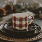 Gold handle plaid mug with product features including wrap-around design, 14 oz volume, and fine bone china construction