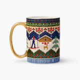 Rifle Paper Co. Ski Chalet porcelain mug with gold handle featuring winter knit pattern design