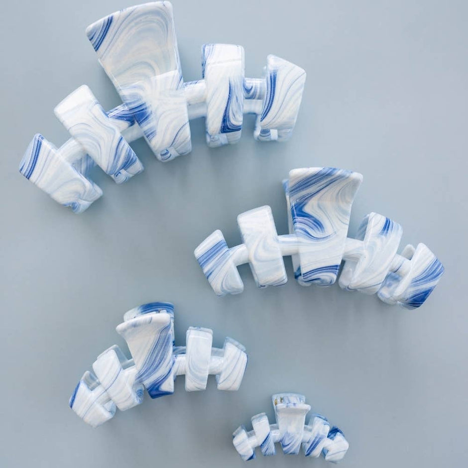 TELETIES Classic Tide & True Large Hair Clips in white and blue marble pattern displayed on neutral background