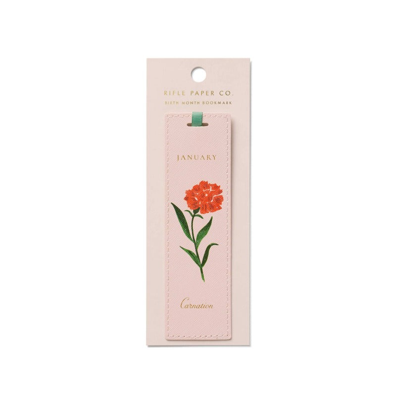 Rifle Paper Co. January birth month bookmark with carnation flower on pink background