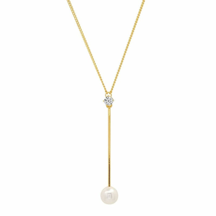 Gold chain Y necklace with pearl pendant and cubic zirconia crystal accent