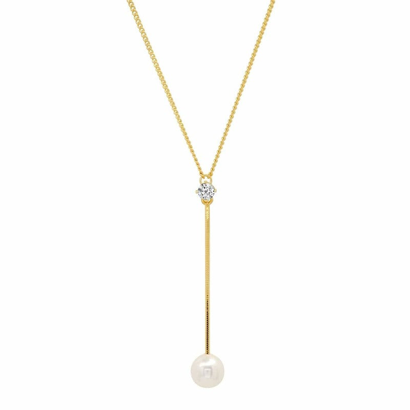 Gold chain Y necklace with pearl pendant and cubic zirconia crystal accent