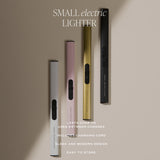 Four rechargeable electric lighters in white, pink, gold, and black with feature callouts and specifications