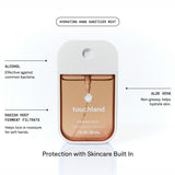 Touchland hand sanitizer mist with ingredient callouts highlighting alcohol, aloe vera, and radish root ferment filtrate.