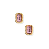 Madison Pink screwback stud earrings with gold ornate rectangular frames and pink gemstone centers