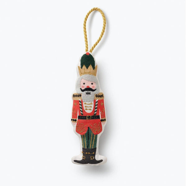 Rifle Paper Co. Nutcracker Embroidered Ornament with gold loop on white background