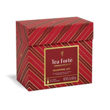 Tea Forte Warming Joy Single Steeps box with red and gold chevron pattern design, 15 loose tea pouches