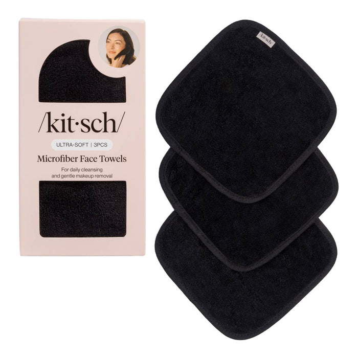 Kitsch black microfiber face towels 3-piece set with packaging on white background