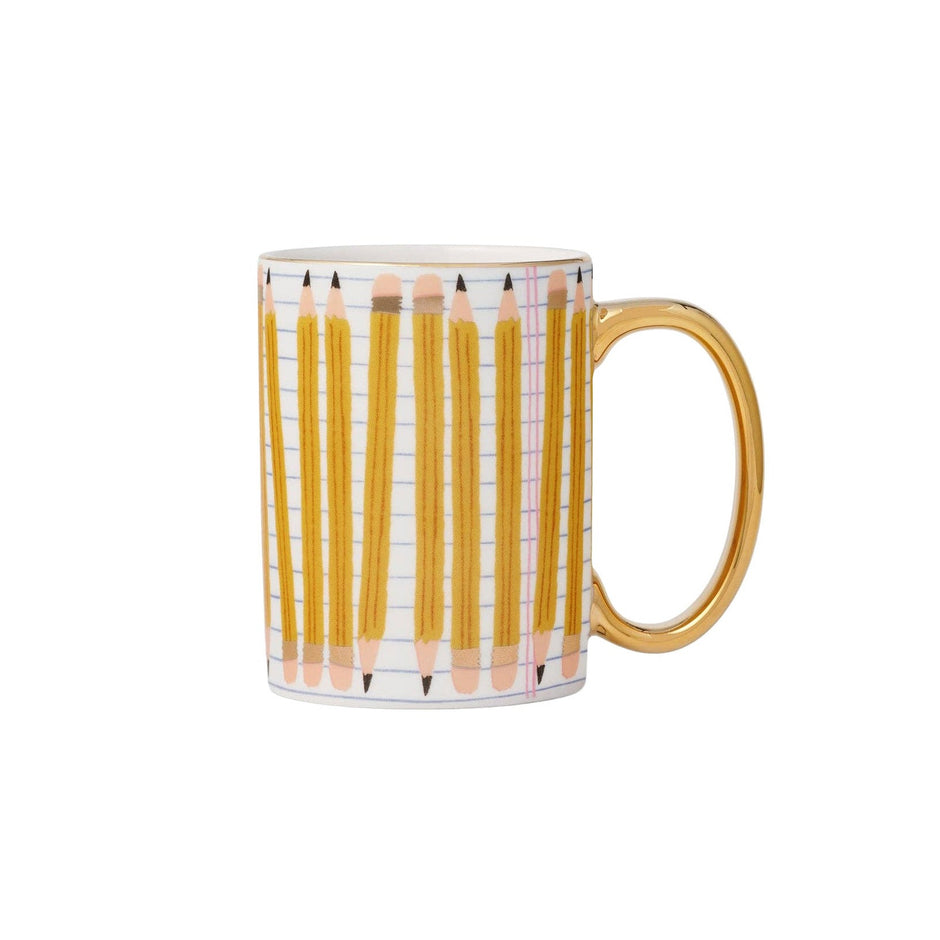 Rifle Paper Co. Pencils Porcelain Mug with gold handle and pencil design