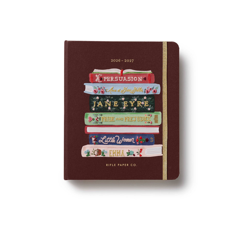 Brown notebook with book illustrations and text on a white background