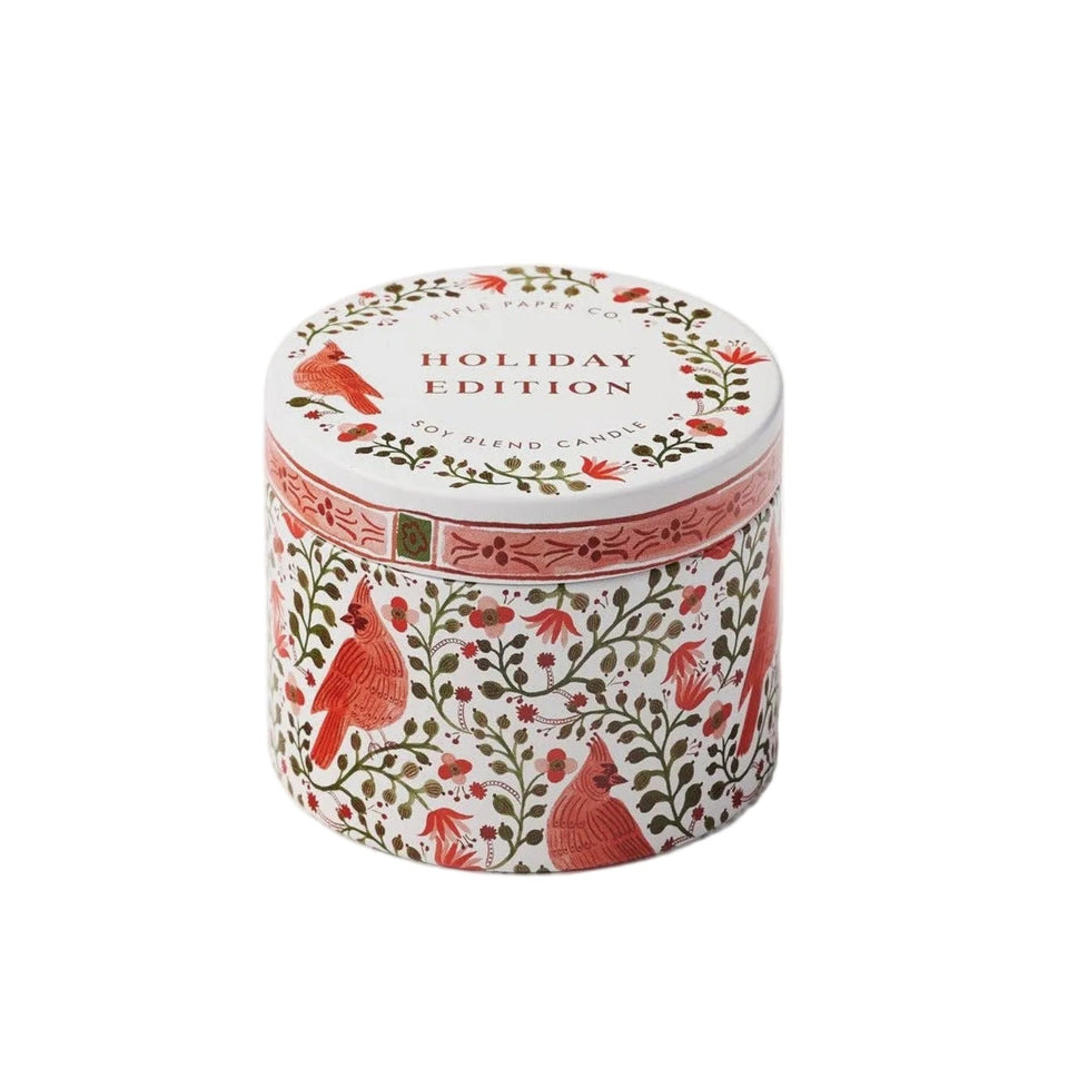 Rifle Paper Co. Cardinals Holiday 3 oz soy blend candle with festive red bird and floral design