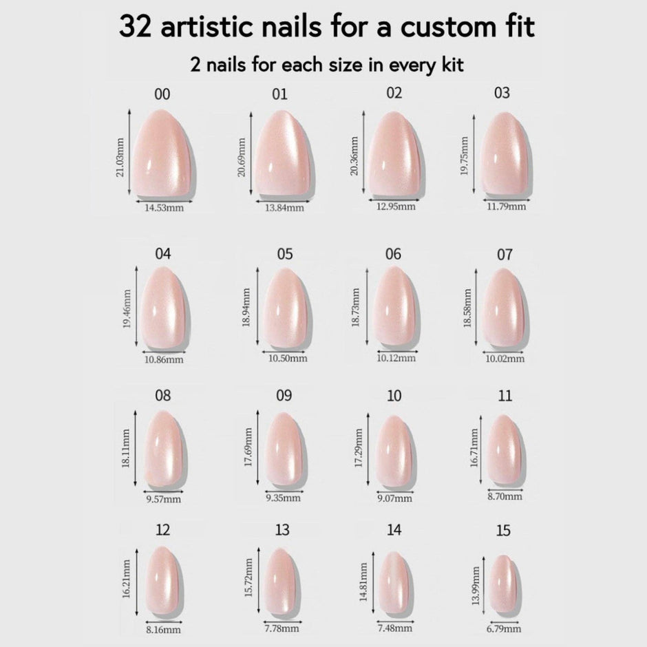 32 press-on nail sizes chart showing dimensions from 00-15 for custom fit application