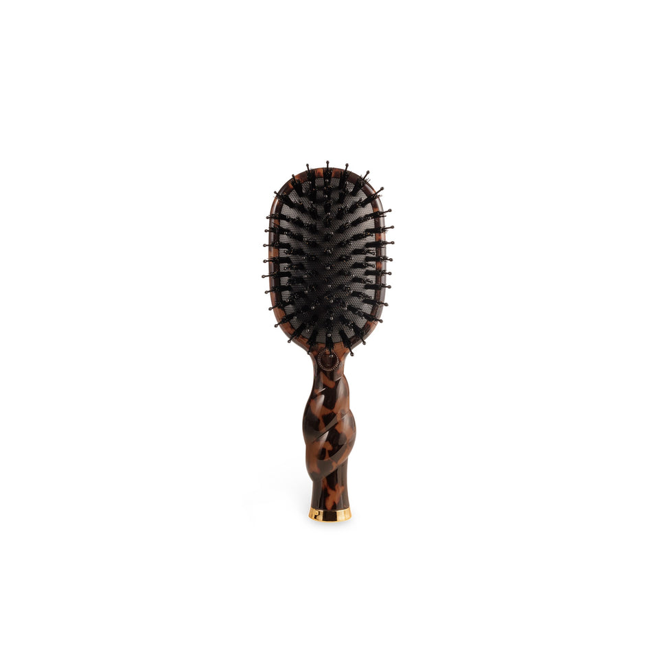 TELETIES Mini Boar Brush Tortoise with wooden handle and black bristles on white background