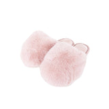 Light pink faux fur jumbo slippers with soft plush material and ear details on white background