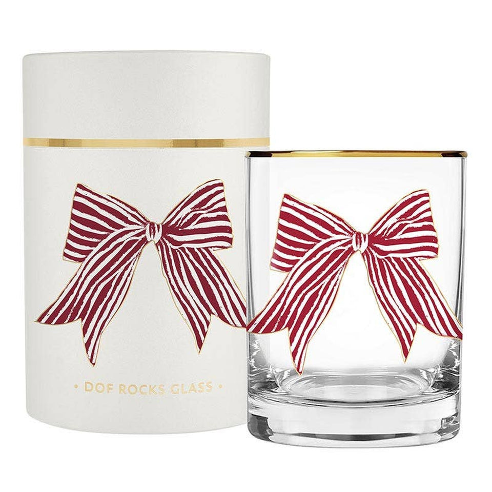 DOF Rocks Glass with red striped bow design in tube packaging by Santa Barbara Design Studio