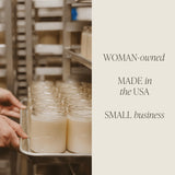 Woman-owned small business candle production, USA-made soy candles in glass jars