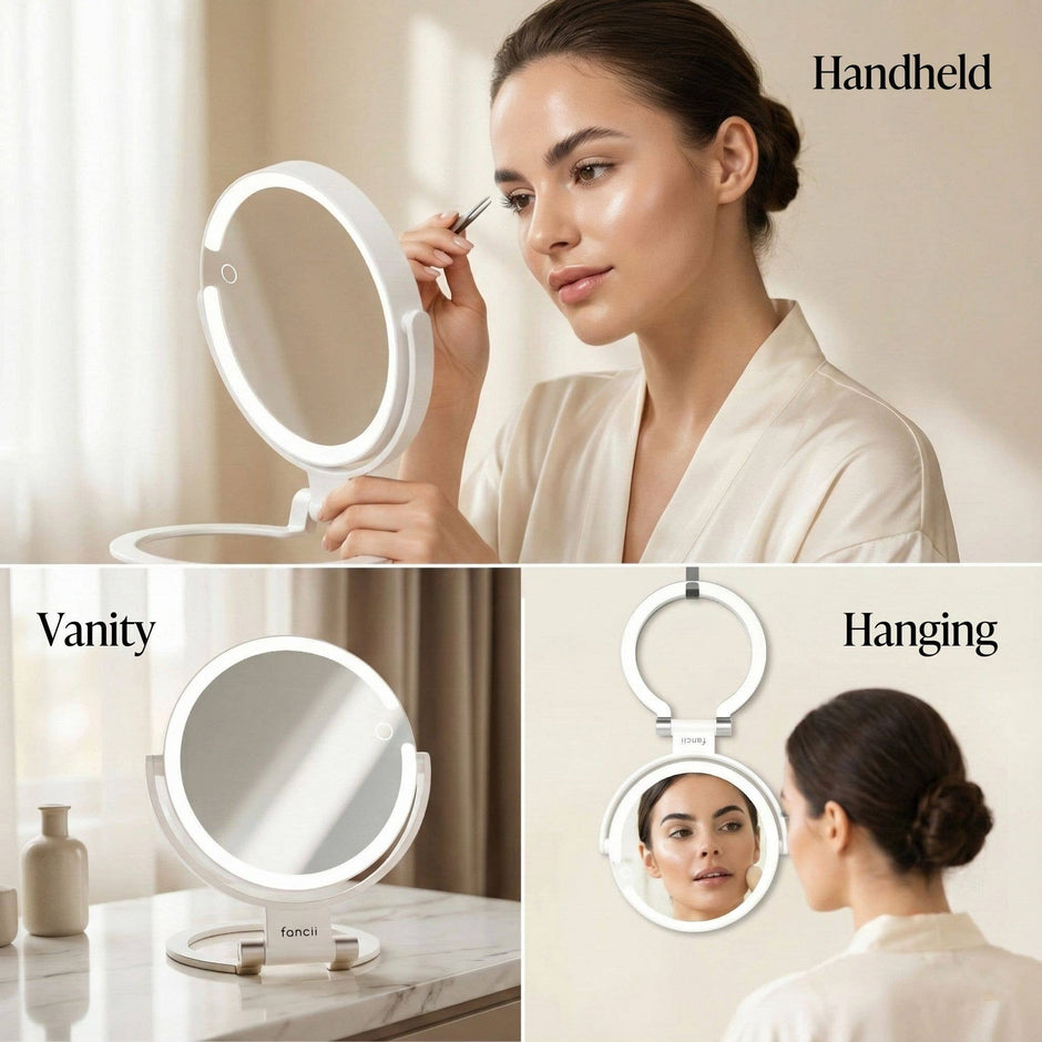 FANCII Sadie mirror showing handheld, vanity, and hanging usage options with LED lighting