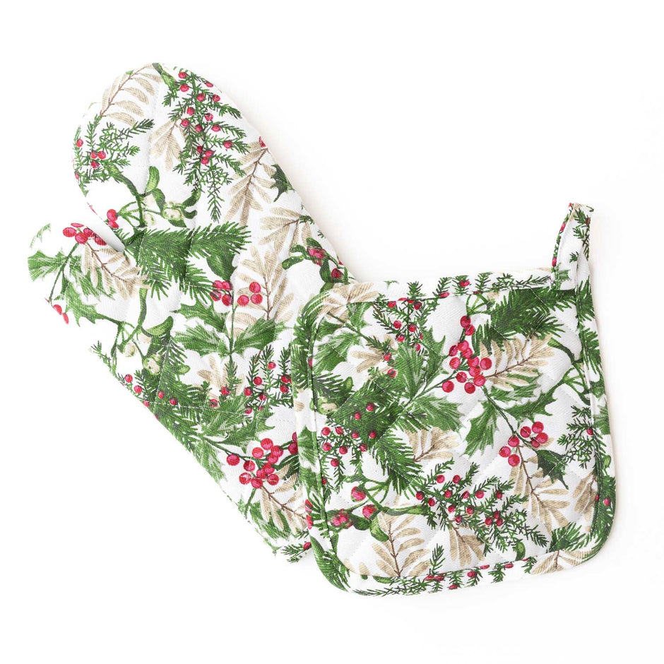 Woodland Berry Oven Mitt Set with green foliage and red berries on white background