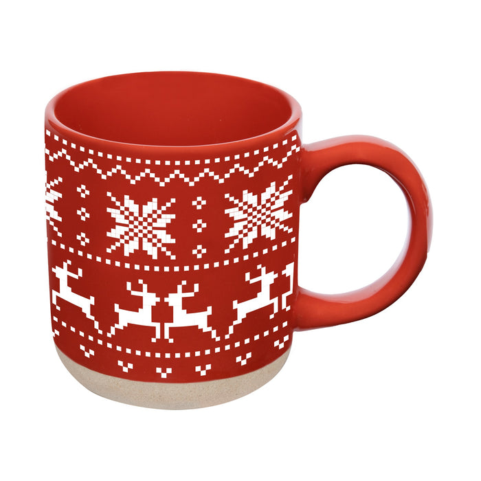 Red Fair Isle Sweater Stoneware Coffee Mug with white pixelated snowflake and reindeer pattern