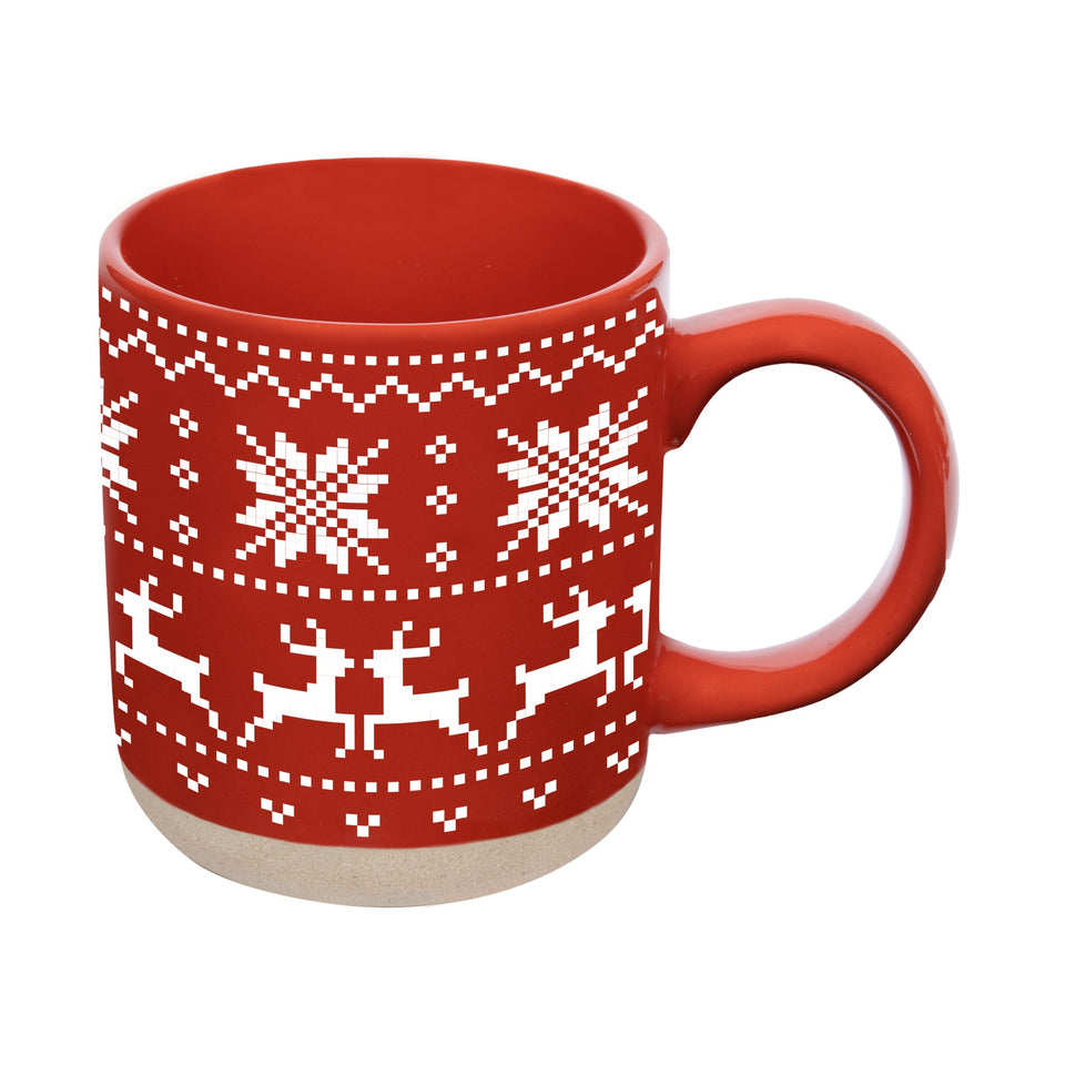 Red Fair Isle Sweater Stoneware Coffee Mug with white pixelated snowflake and reindeer pattern