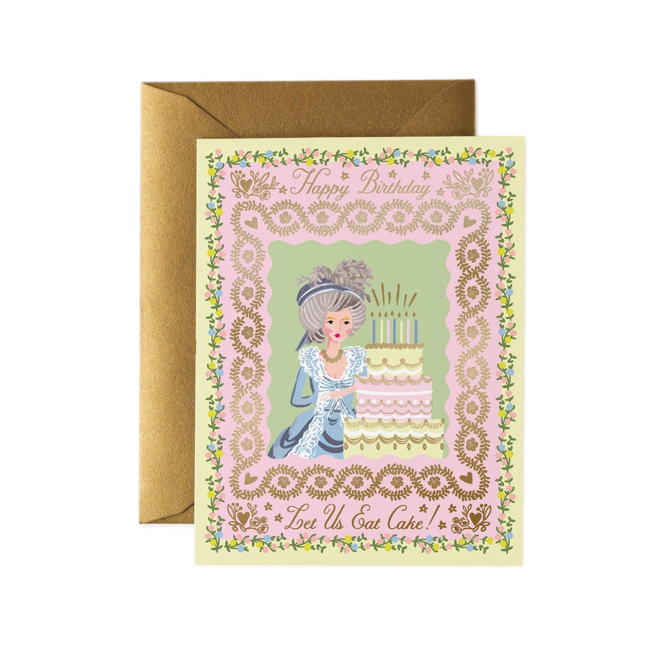 Rifle Paper Co. Let Us Eat Cake Birthday Card with gold envelope on white background