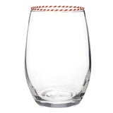 Clear stemless wine glass with red and white striped rim trim on white background