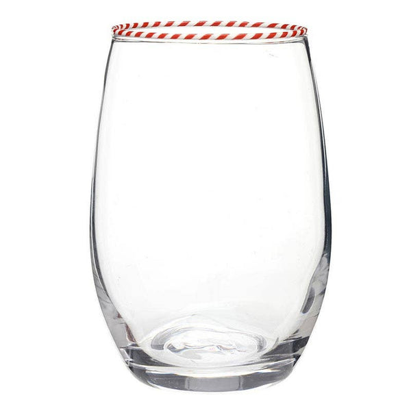 Clear stemless wine glass with red and white striped rim trim on white background