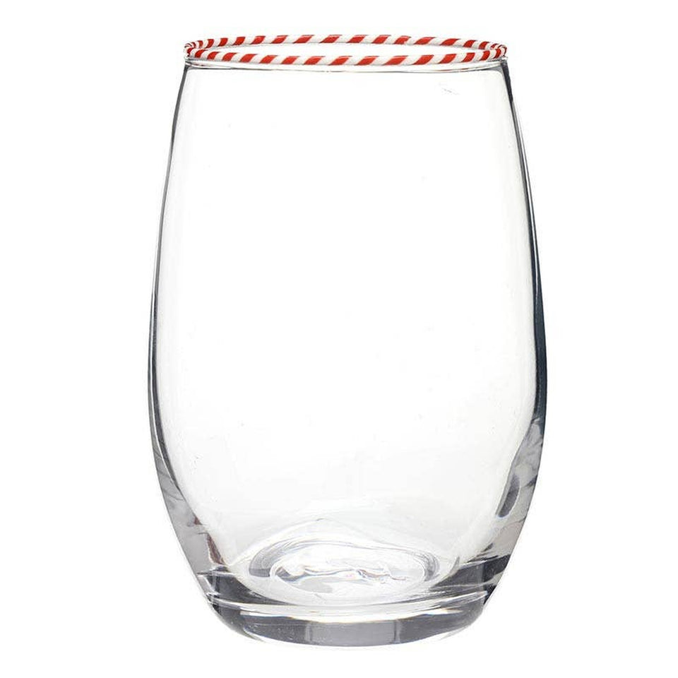 Clear stemless wine glass with red and white striped rim trim on white background