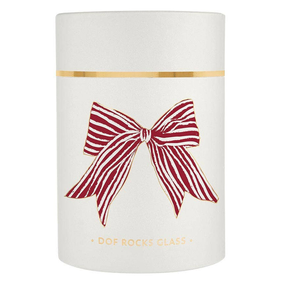 DOF Rocks glass with red striped bow design in elegant tube packaging by Santa Barbara Design Studio