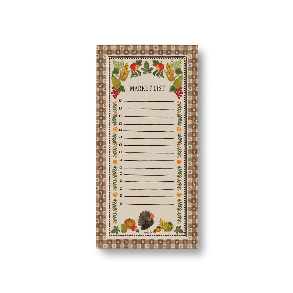 Harvest Gingham Market Pad by Rifle Paper Co with farm-themed botanical illustrations and checkboxes