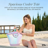 Woman holding Case-Mate Soap Bubble cooler tote with beverage by poolside
