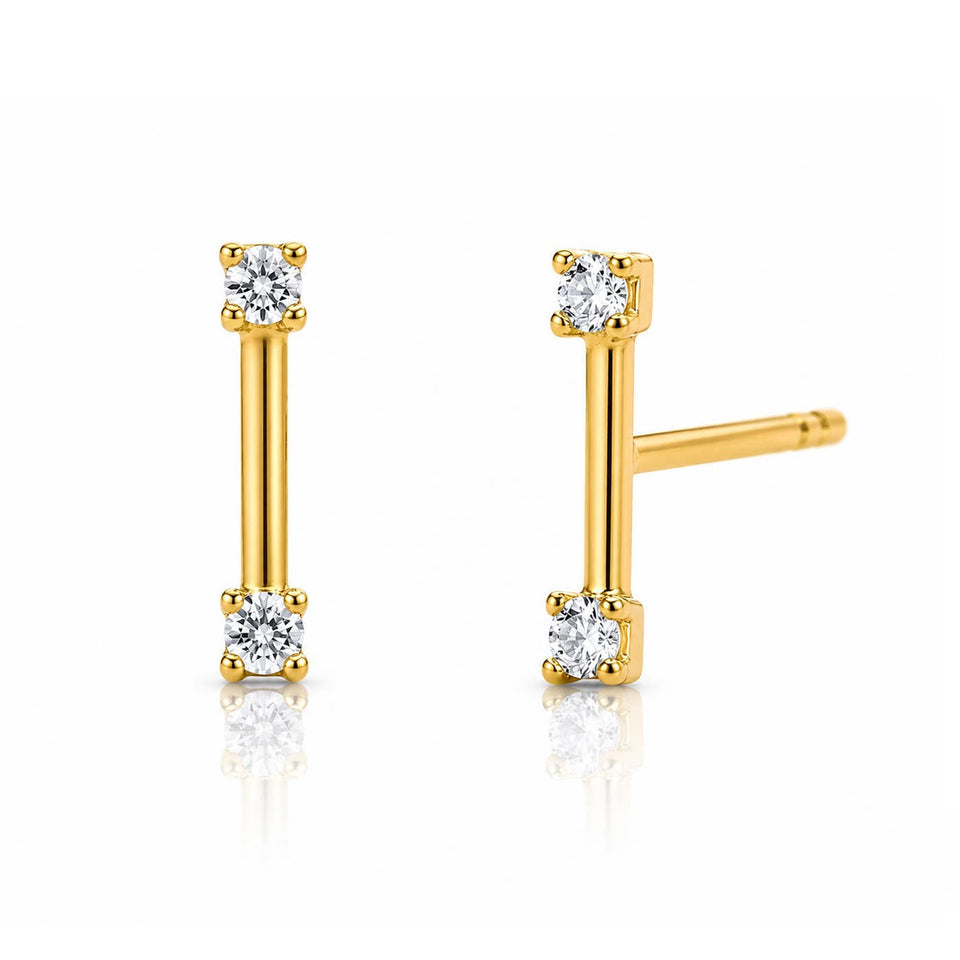 Gold stick post earrings with round diamond ends on white background