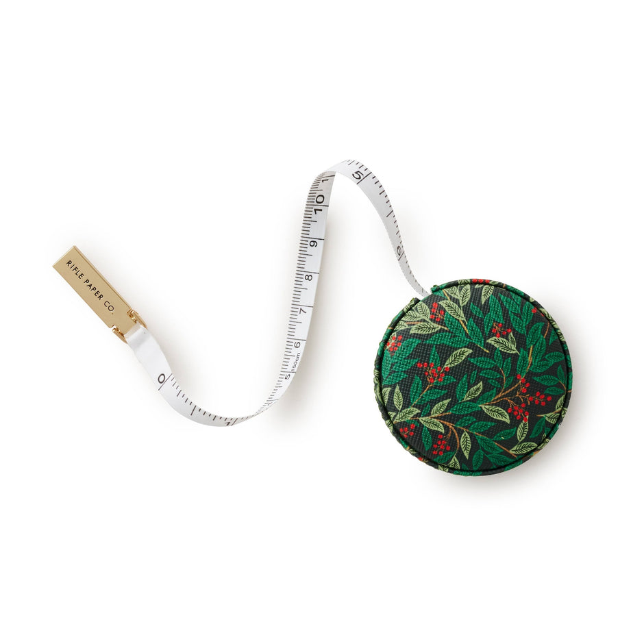 Rifle Paper Co. Willowberry measuring tape with green botanical pattern and white measuring ruler tape