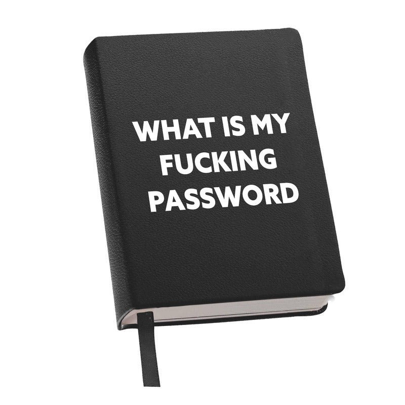 Black hardcover password book with humorous white text on white background