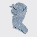 Kitsch plush microfiber hair towel turban with bow in coastal blue, displayed on white background