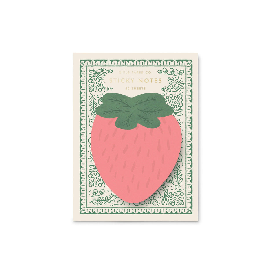 Rifle Paper Co. Strawberry Sticky Notes pad with 50 sheets featuring illustrated strawberry design and green botanical border
