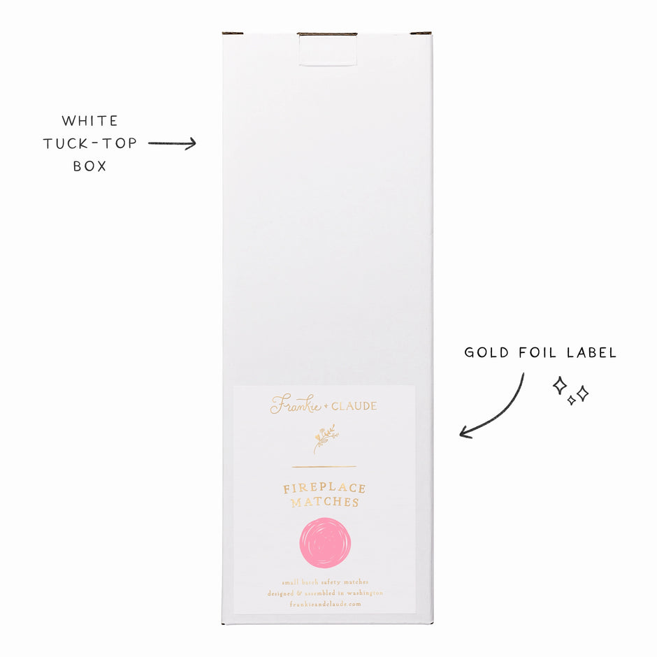 Frankie + Claude Fireplace Matches white tuck-top gift box with gold foil label