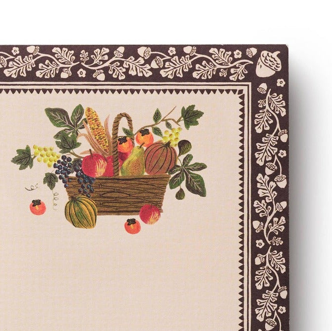 Rifle Paper Co. Harvest Notepad with woven basket illustration and ornate brown damask border