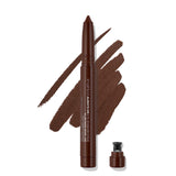 Brown makeup pencil with cap and swatch on a white background
