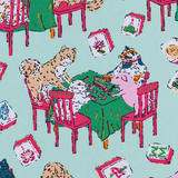 Close-up of the Mahjong Menagerie print of cats and dogs playing mahjong on Pale Jade