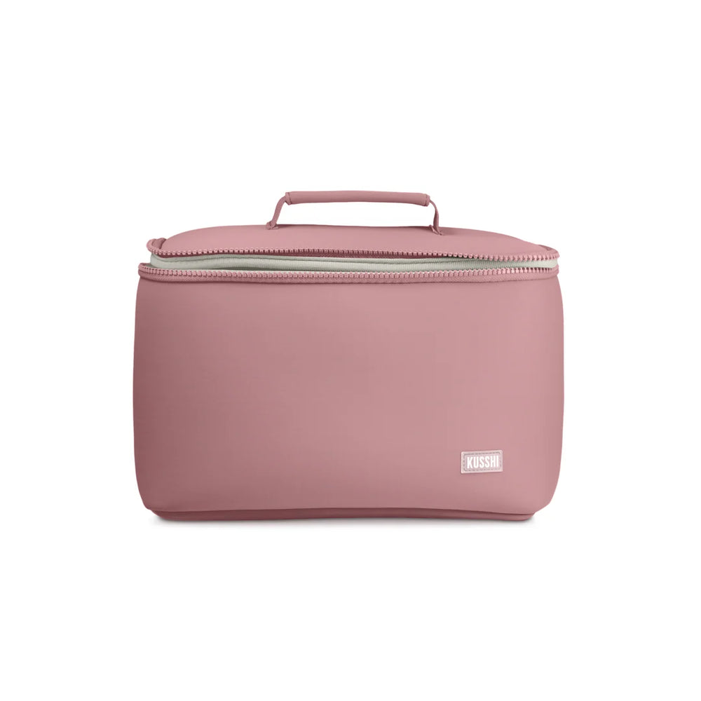 mauve/stone, Pink cosmetic bag with a handle on a white background