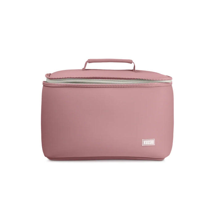mauve/stone, Pink cosmetic bag with a handle on a white background