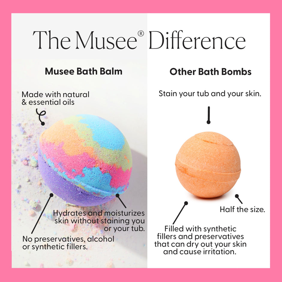 Musee Bath Balm comparison chart showing natural ingredients versus other bath bombs with staining