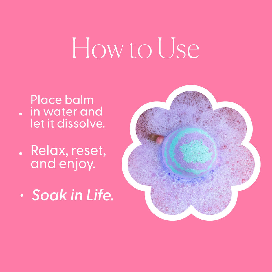 MUSEE Grateful for You bath balm instructions with colorful fizzing product in flower-shaped packaging
