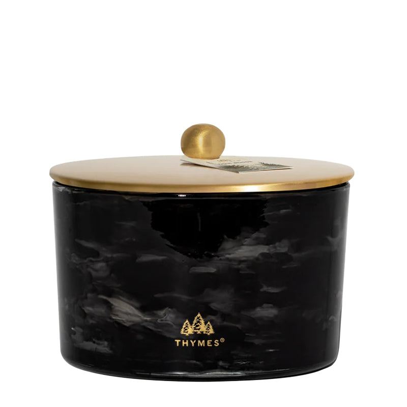 4-Wick 21 oz, Black marbled candle jar with gold lid and Thymes logo on a white background