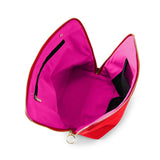 KUSSHI | Vacationer Makeup Bag — Candy Apple Red/Pink, An open red and hot pink zippered pouch or cosmetic bag, showing its interior compartments, black mesh pocket, and gold-tone zipper hardware on a white background.