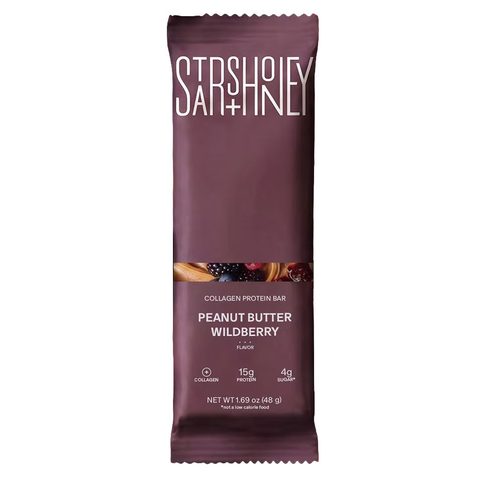 Stars + Honey Peanut Butter Wildberry Jam Collagen Protein Bar in a plum wrapper on a white background.